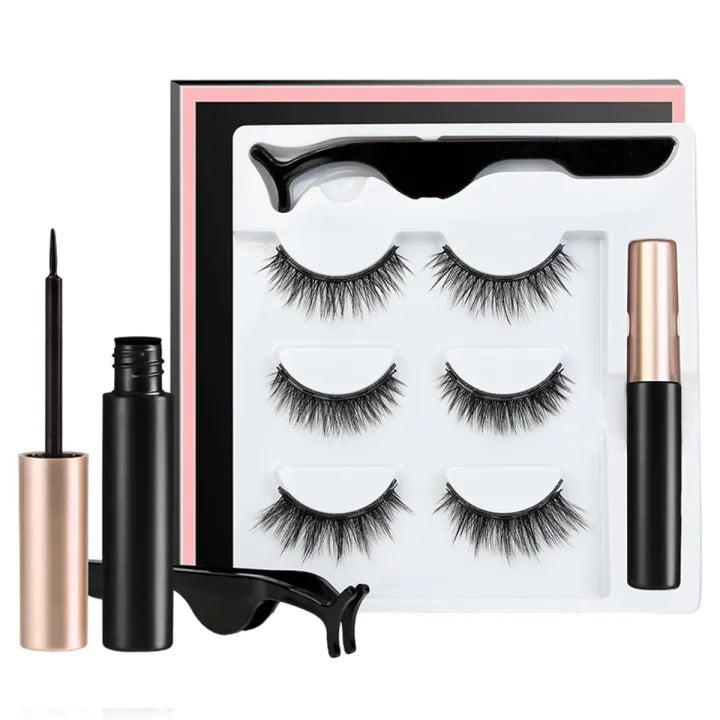 Magnetic Eyelashes Kit - (3 Eyelashes Pairs + Eyeliner + 1 White Applicator +1 Stick Applicator)